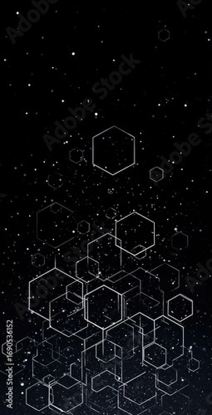 Fototapeta Abstract geometrical array of connected hexagons floating in a dark, shimmering, starry space creates a futuristic technological or scientific background