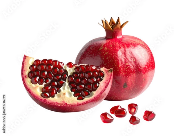 Obraz Ripe pomegranate whole and sliced, seeds visible