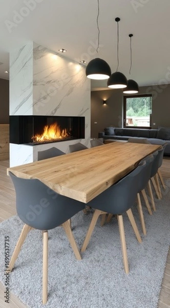 Fototapeta Modern interior featuring a large wooden dining table, grey chairs, and a fireplace with marble surround, illuminated by pendant lights