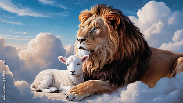 Obraz Majestic lion embraces gentle lamb amidst serene clouds symbolizing peace and harmony