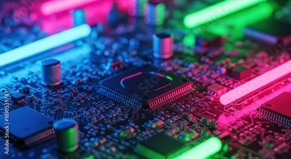 Fototapeta Close-up of a circuit board with glowing neon lights, showcasing technology.