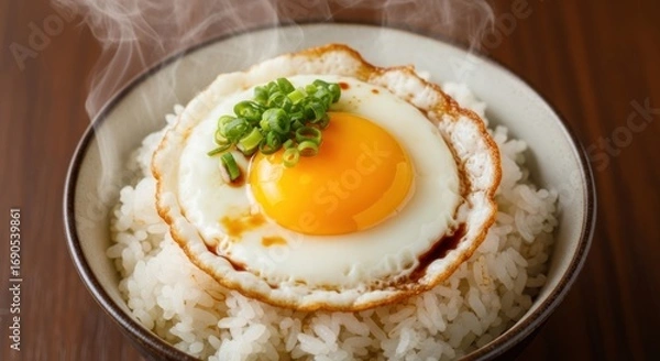 Fototapeta A bowl of steaming white rice topped with a fried egg and green onions.