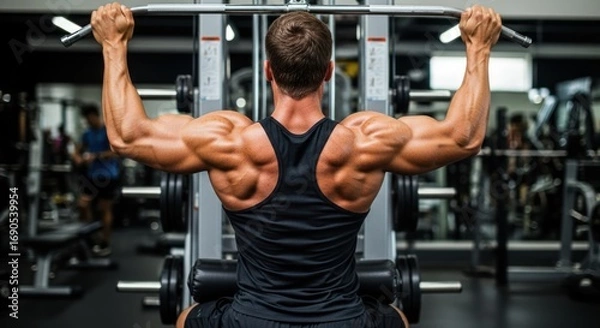 Fototapeta A muscular man is performing a lat pulldown exercise at a gym, building strength.