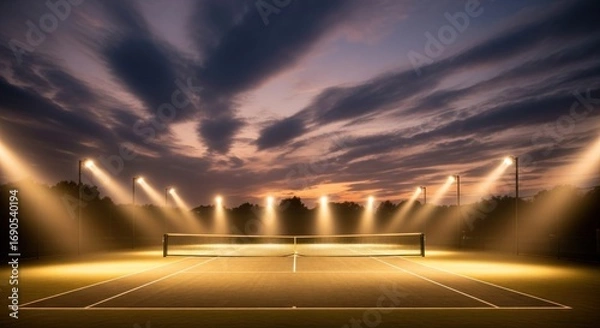 Fototapeta Illuminated tennis court at dusk, showcasing the net and lighting against a dramatic sky.