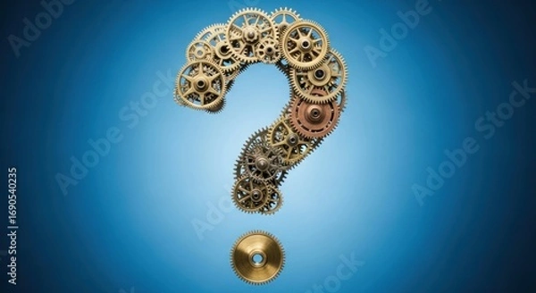 Fototapeta A question mark formed from intricate gears and cogs, set against a vibrant blue background.