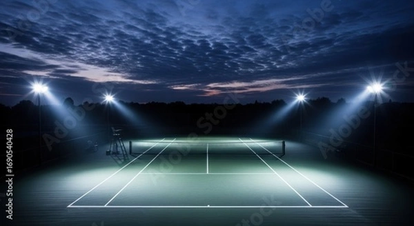 Fototapeta Illuminated tennis court at night, showcasing the lines, net, and bright floodlights against the dark sky.