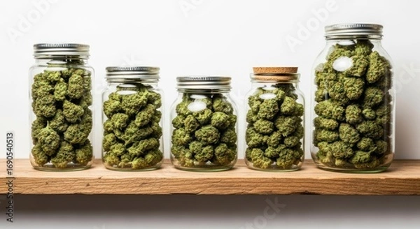 Fototapeta Five glass jars filled with cannabis buds of varying sizes, arranged on a wooden shelf against a white background.