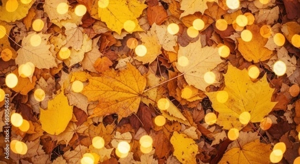 Fototapeta Autumn leaves on the ground, illuminated by warm light, creating a beautiful fall scene.
