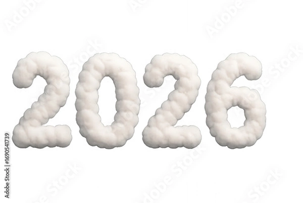 Fototapeta A Creative Representation of the Year 2026 Formed from Fluffy Cloud-like Shapes Against a Dark Background, Symbolizing Innovation and Future Aspirations isolated on white or transparent png