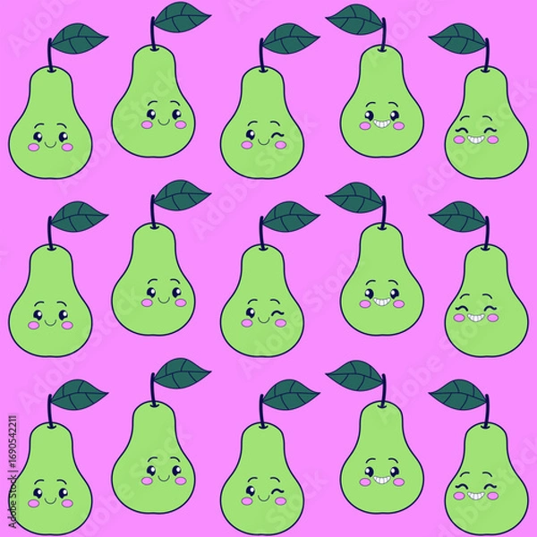 Fototapeta Groovy seamless pattern with pear. Hand drawn retro style pattern.