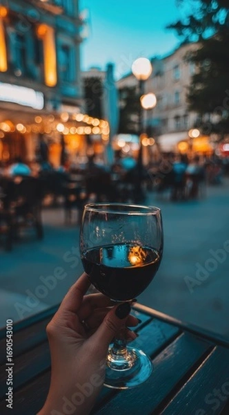 Fototapeta A wine glass filled with red liquid held by a person's hand is centered, with a blurred, cozy city backdrop at dusk