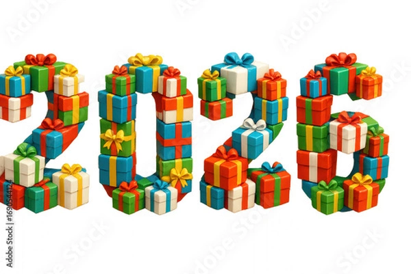 Fototapeta Colorful 2025 Shaped Gift Boxes in Various Patterns with Ribbons and Decorations, Ideal for Celebrations and Special Occasions in a Festive Atmosphere isolated on white or transparent png