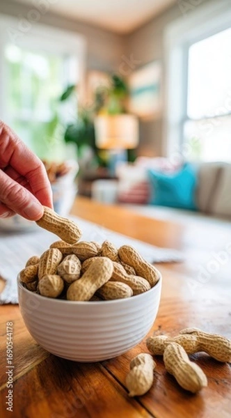 Fototapeta A hand reaches for a peanut from a bowl of peanuts on a wooden table, with a bright, blurred background of a living room scene