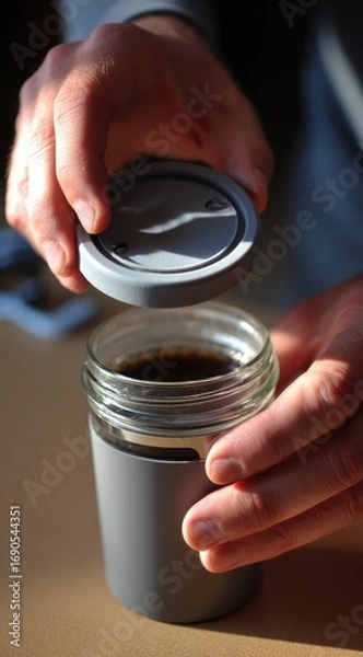 Fototapeta Person preparing dark liquid in a glass jar, holding a gray lid above. Hands visible, bright sunlight creates shadows. Minimalist aesthetic