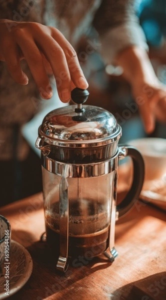 Fototapeta Preparing coffee with a glass and metal French press on a wooden surface; hands pressing the plunger down. Warm lighting and shallow depth of field