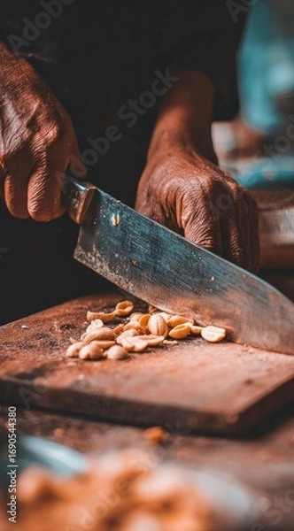 Fototapeta Preparing food on a worn wooden board with a large knife. Aged hands are chopping a pile of ingredients, with a blurred background and warm tones
