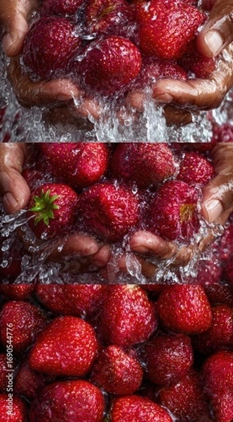 Fototapeta Ripe strawberries being rinsed in cupped hands, water splashing around the red berries. Close-up view, vibrant colors