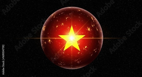 Fototapeta Glowing Red Planet with Golden Star; Cosmic, Futuristic, Hopeful Vibe; Abstract Space Background.