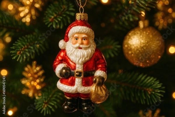 Fototapeta A Festive Christmas Decoration Featuring a Charming Santa Claus Ornament Adorned with a Golden Sack Set Against a Background of Twinkling Holiday Lights