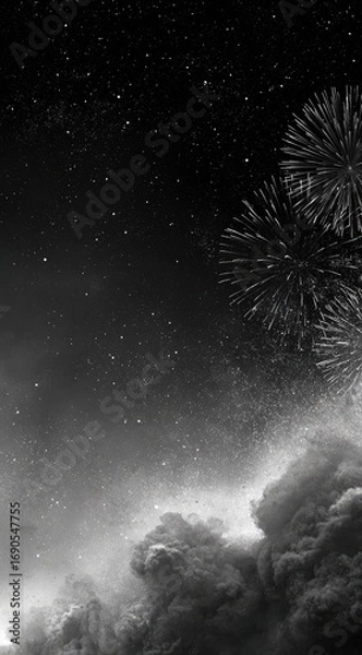 Fototapeta Dark night sky filled with stars as fireworks burst, illuminating clouds below in bright flashes. Monochrome, dramatic feel