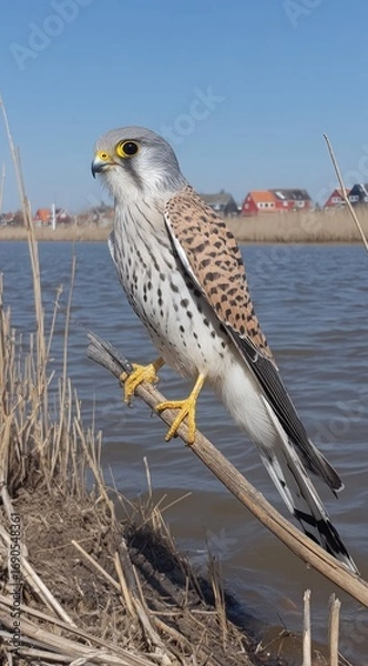 Fototapeta Kestrel perched on a reed, overlooking a tranquil body of water, with distant houses under a clear blue sky