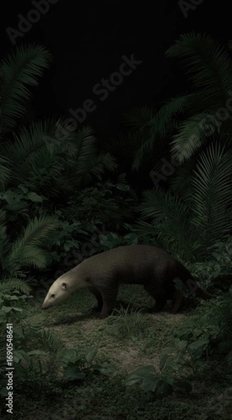 Fototapeta Nocturnal mammal with a light face and dark fur walks through lush, dimly lit foliage under the cover of darkness