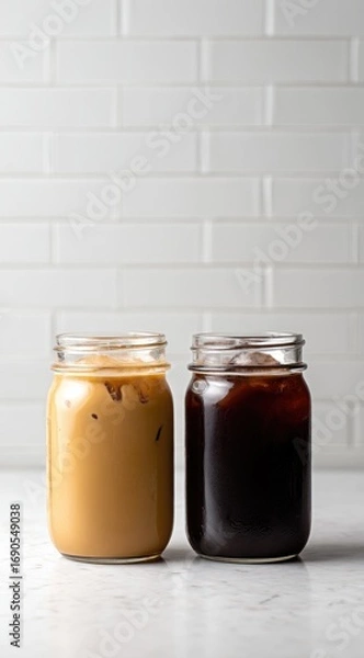 Fototapeta Two filled mason jars rest side-by-side, one with a light tan creamy beverage and the other filled with a dark, rich black liquid, against a white tile wall