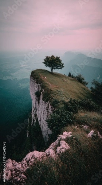 Fototapeta A solitary tree perched atop a grassy cliff edge, overlooking a misty mountain valley with soft, pink-tinged sky above. Dramatic and serene vista