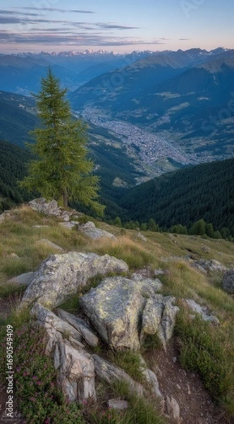 Fototapeta A serene vertical landscape of alpine slopes with scattered rocks, green grass, wildflowers, a solitary pine tree, and hazy mountains in the distance at dusk