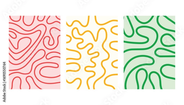 Fototapeta Twisted lines, curved, fluid, liquid, wiggling stripes backgrounds set. hand drawn wavy lines. organic winding lines. retro groovy doodle hippie patterns set