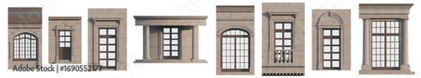 Fototapeta Neoclassical architectural kit: isolated facade elements for design projects. Isolated png on a transparent background premium cutout (Classical doors, window frames, balcony railings, columns & etc.)