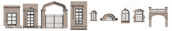 Fototapeta Neoclassical architectural kit: isolated facade elements for design projects. Isolated png on a transparent background premium cutout (Classical doors, window frames, balcony railings, columns & etc.)