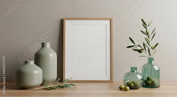 Fototapeta Minimalist Home Decor with Frame and Vases.