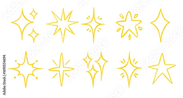 Fototapeta Crayon Star and Moon Doodle Set in Hand-Drawn Style. Includes Spark Yellow Stars