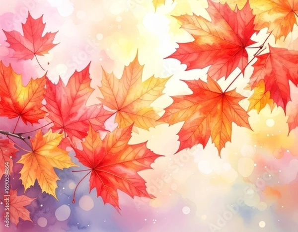 Fototapeta abstract vector illustration of red and yellow maple leaves with soft focus light and bokeh background