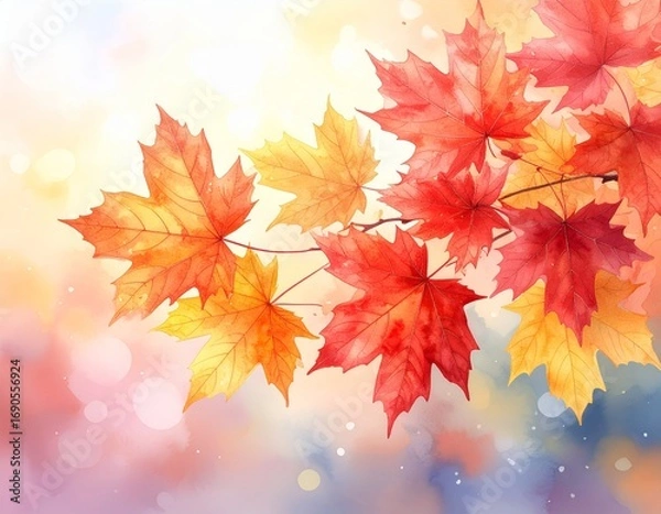Fototapeta abstract vector illustration of red and yellow maple leaves with soft focus light and bokeh background