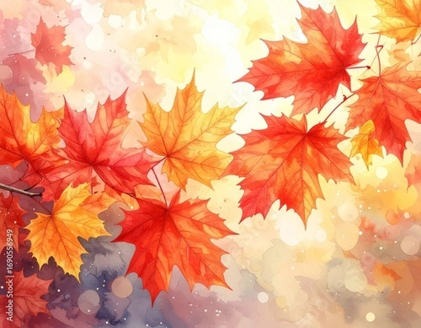 Fototapeta abstract vector illustration of red and yellow maple leaves with soft focus light and bokeh background