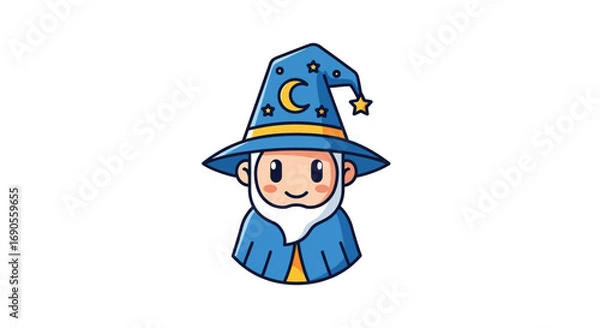 Fototapeta Charming Cartoon Wizard with Blue Starry Hat Crescent Moon and White Beard Isolated Vector