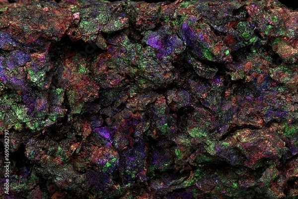 Fototapeta Close-up view of a textured rock surface, richly colored with vibrant hues of green, purple, and maroon