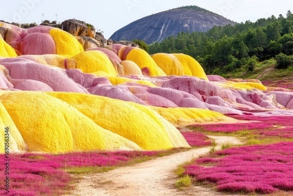 Fototapeta Colorful hills with a path through vibrant pink and yellow earth formations, surrounded by pink flowers and forest