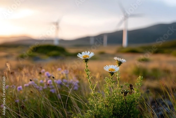 Fototapeta Wind turbines in a green landscape with blooming wildflowers Generative AI
