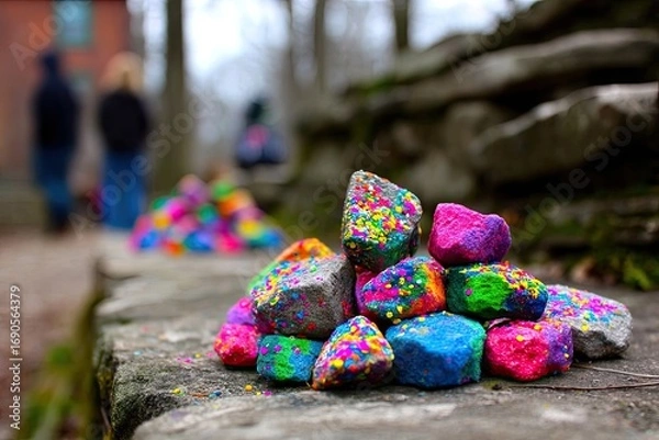 Fototapeta Colorful painted rocks arranged in piles on a stone wall, with blurred figures in the background