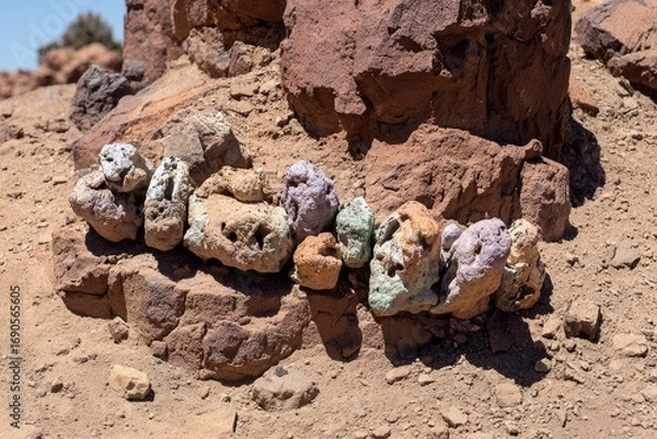 Fototapeta Painted rocks arranged in a row on a rocky surface