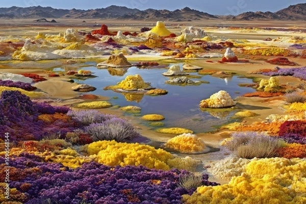 Fototapeta Colorful mineral formations in a desert landscape with pools of water