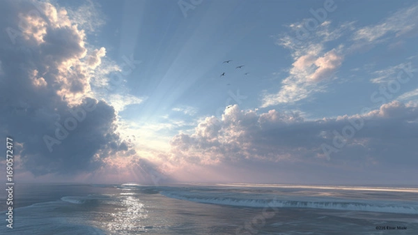 Fototapeta 積雲の合間から海へ降り注ぐ天光の広がり情景