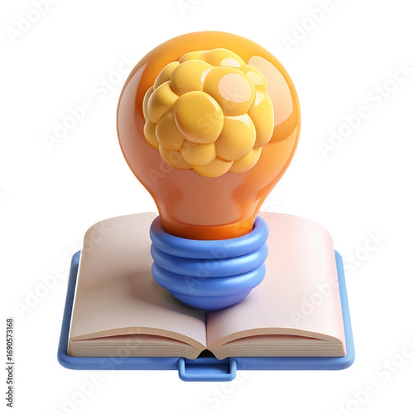 Fototapeta 3D icon of a lightbulb with a brain on a book, representing creative learning and knowledge, with a transparent background - Generative AI
