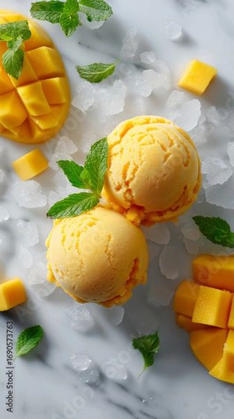 Fototapeta Mango Ice Cream Scoops with Fresh Mint on Marble Surface