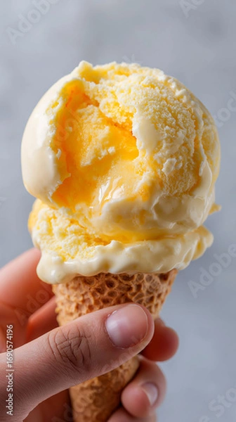 Fototapeta Ice, Cream, Cone - Hand Holding Vanilla Ice Cream Cone with Bite - Close-Up, Delicious, Summer, Dessert