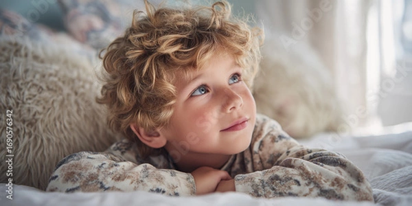 Fototapeta Lazy Days Dreamy Child with Curly Hair Relaxing on Soft Bed in Cozy Sunlit Room