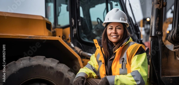 Fototapeta A proud female construction worker stands in front of a bulldozer, her smile suggesting satisfaction with her work. 